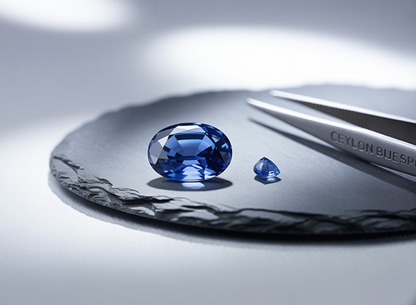 Two Ceylon blue sapphires displayed on slate with gemstone tweezers, showing different cuts and angles under soft lighting